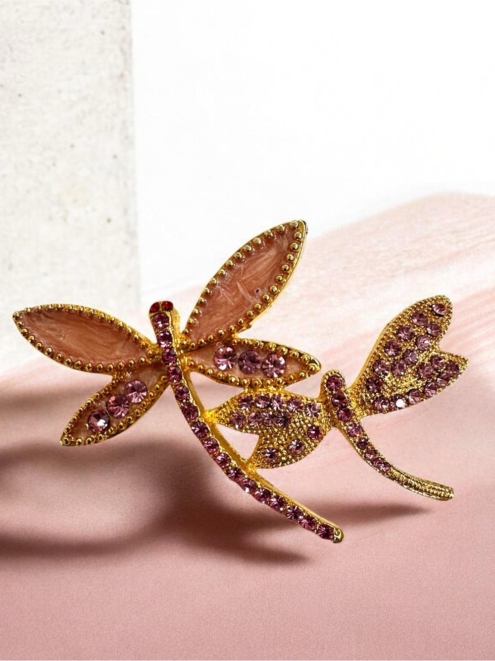 Dragonfly Brooch. Pink Stones with Gold Tone Setting.